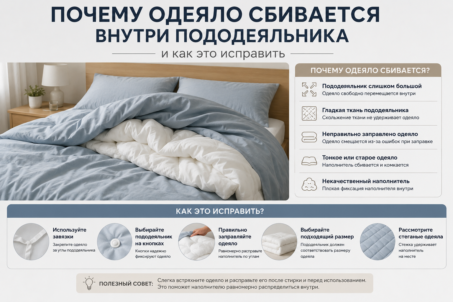 Почему одеяло сбивается внутри пододеяльника Почему одеяло сбивается внутри пододеяльника